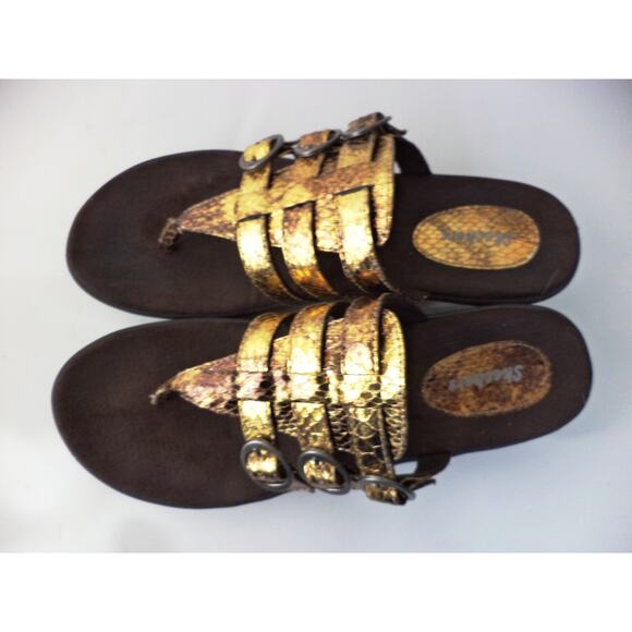 SKECHERS EUR 40 US 9M BRONZE SNAKE PRINT THONG PLATFORM WEDGE SLIDE SANDAL SHOE - Picture 2 of 7